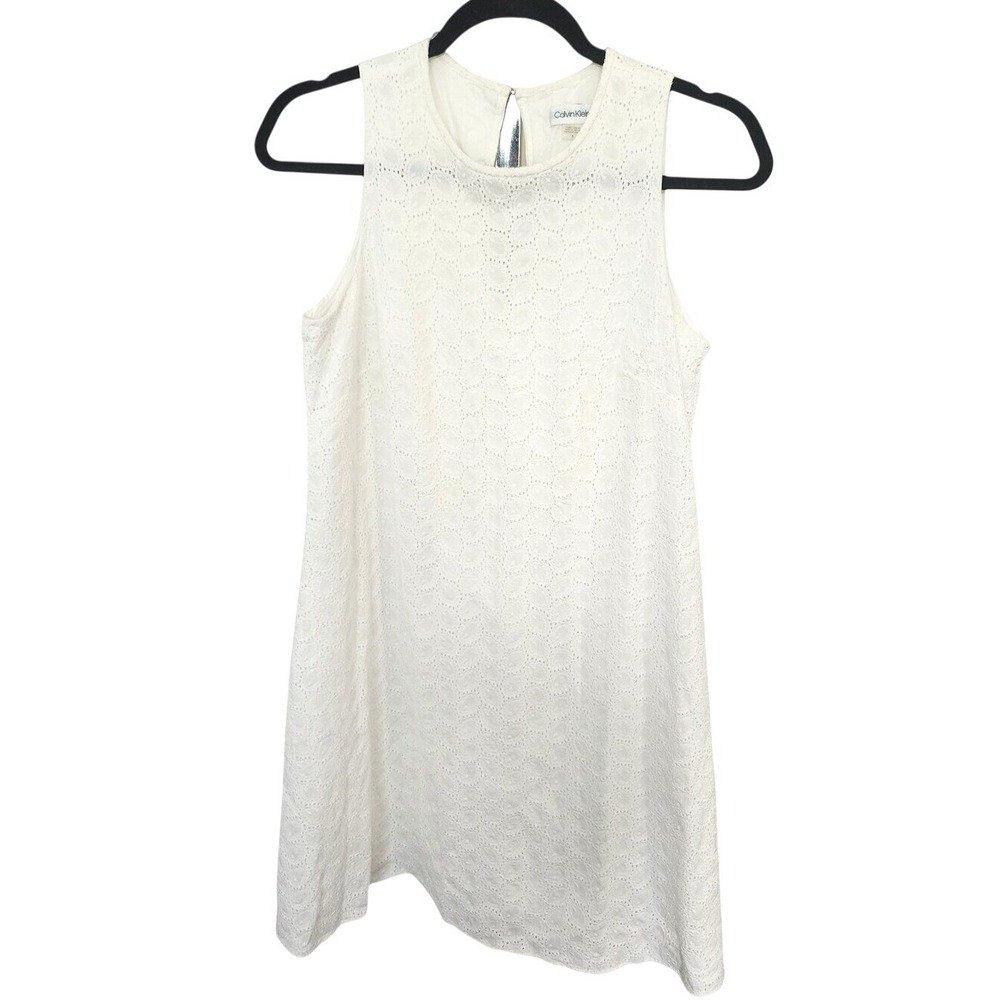 Calvin Klein White Cotton Eyelet Sleeveless Shift Dress A cut Midi Bridal Chic 6 - Picture 1 of 7